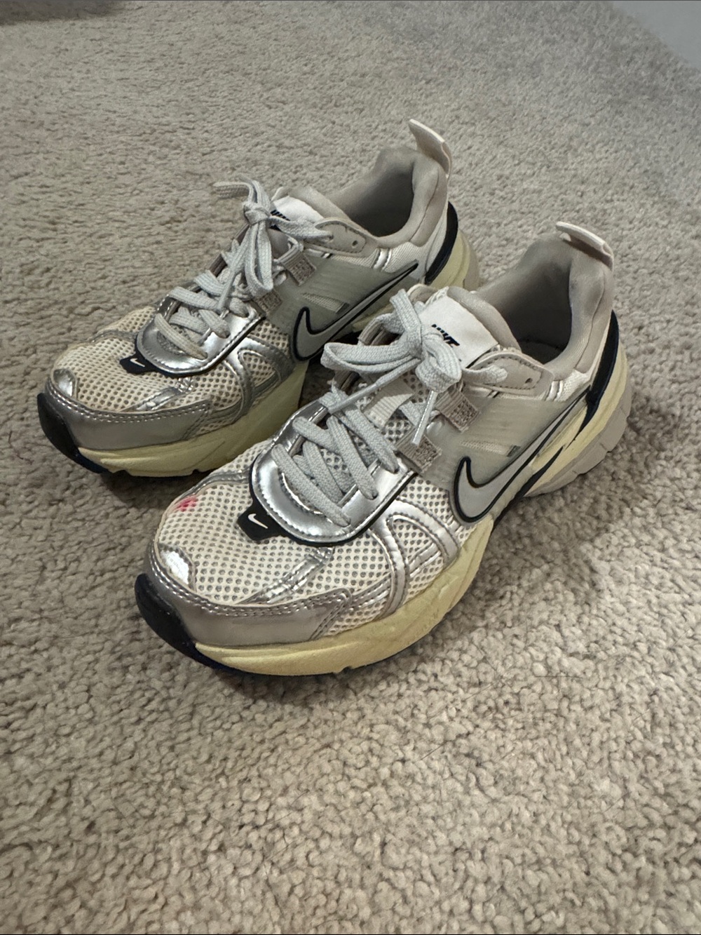 Nike Silver Mesh Sneakers with Black Swoosh and Cream Sole